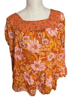 American Eagle Womens XS Floral Peasant Blouse Orange Pink Boho Long Sleeve Squa